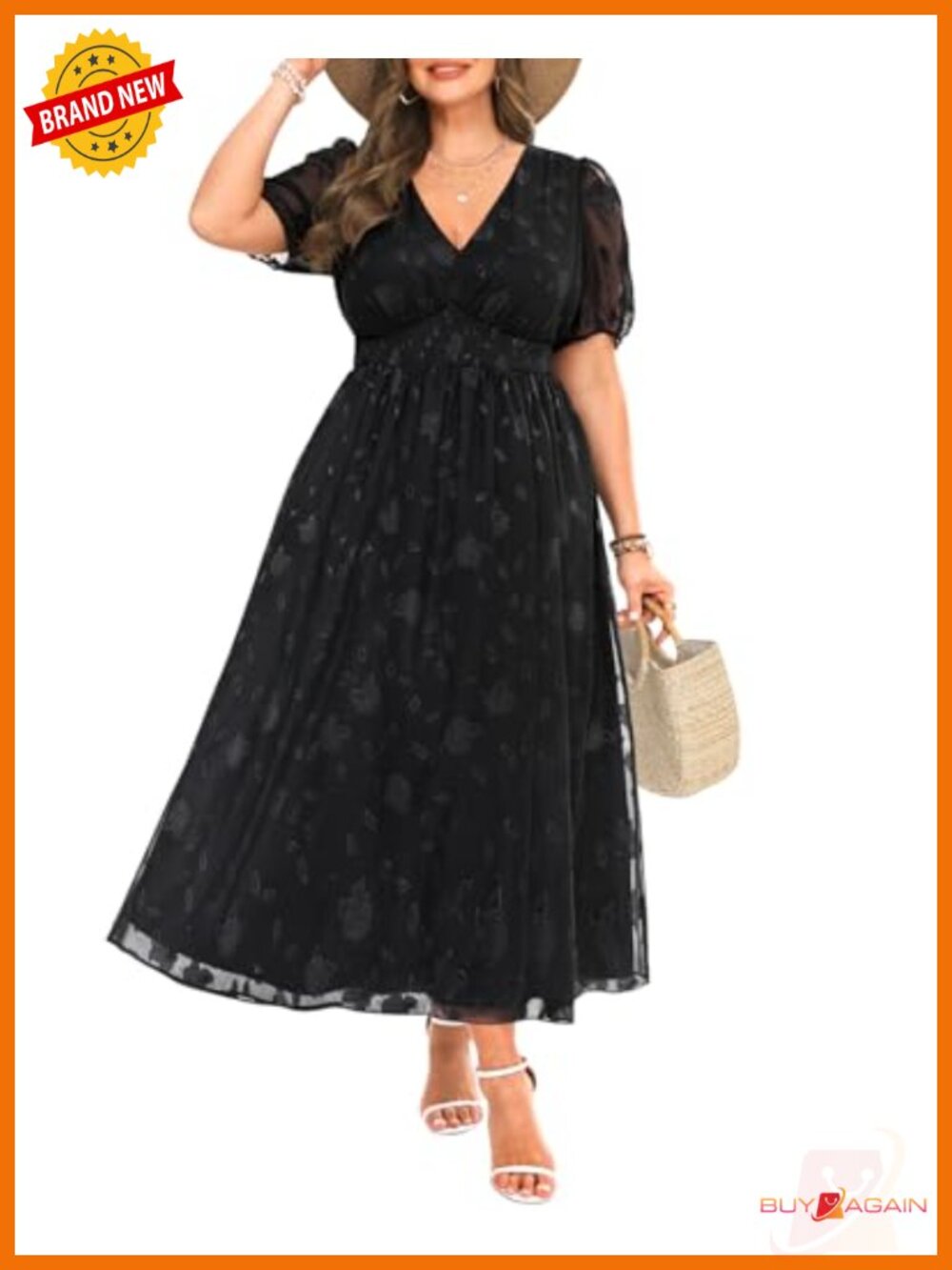 Plus Size Floral Chiffon Maxi Dress V-Neck Puff Sleeve Wedding Guest